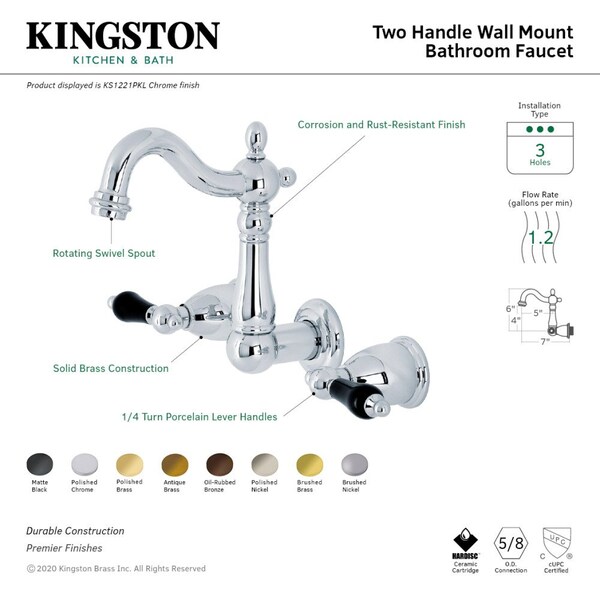 KS1220PKL Duchess Two-Handle Wall Mount Bathroom Faucet, Matte Black
